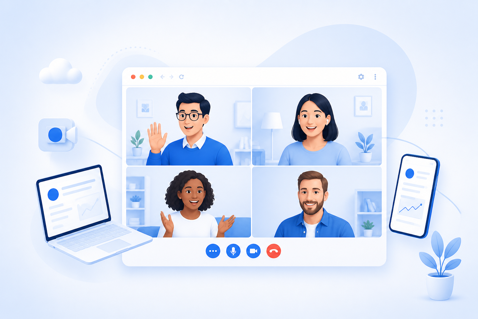 Browser-based video meeting with participants on laptop and phone