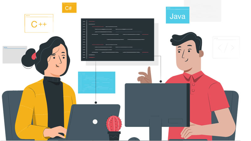 Developers collaborating on code over video and screen share